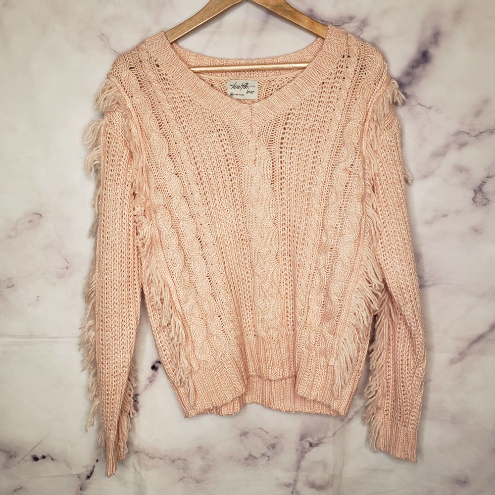 TWELFTH LOVE fringe cable knit chunky V-neck pullover sweater M